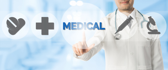 Medical Concept - Doctor points at MEDICAL with icons showing symbol of medicine pills, medical cross and hospital lab research against blue abstract background.
