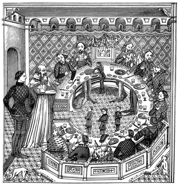 King Arthur and his Round Table Illustration of a King Arthur and his Round Table arthurian legend stock illustrations