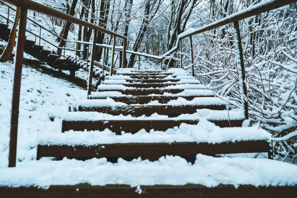 The stairs are covered in snow in the park