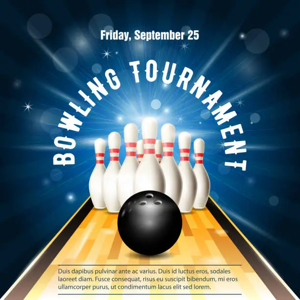 Vector illustration of Bowling tournament flyer template with bowling court, skittles and ball