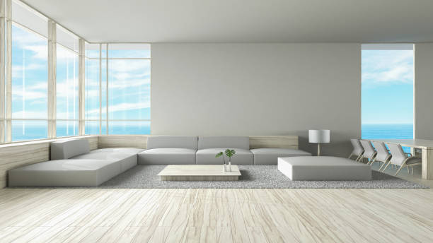 istock Modern interior living room wood floor sofa set sea view summer 3d rendering 885320882
