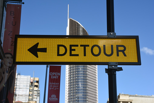 Traffic detour sign in William Street as a result of street closures at the Queen's Wharf development site.