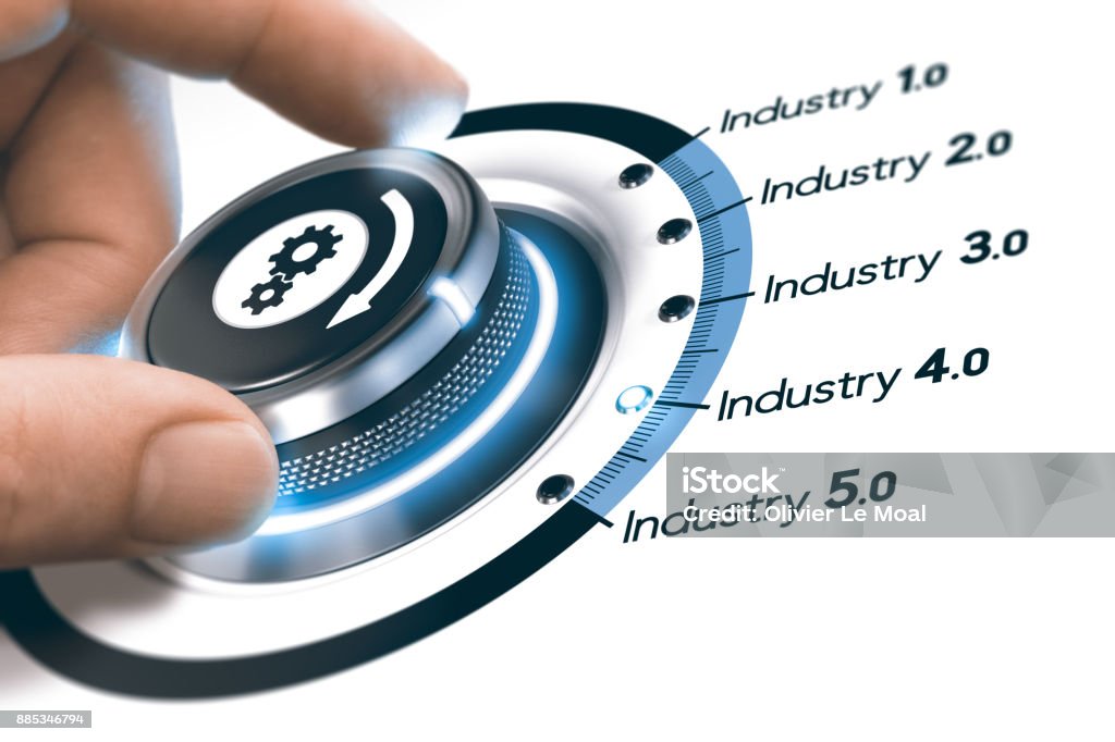 Industry 4.0, Next Industrial Revolution Hand turning a knob with gears icon over white background. Concept of industrial revolutions steps and industry 4.0. Composite image between a photography and a 3D background. Computer-Aided Manufacturing Stock Photo