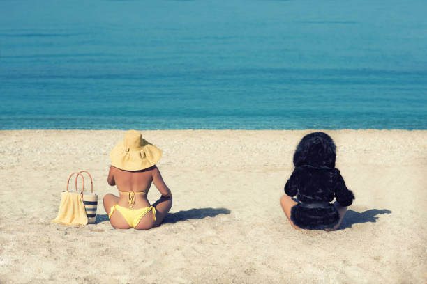 黄色の水着と帽子とビーチで毛皮のコートの少女の女性。冬と夏の概念図。冬を残しています。夏を残しています。2 つの季節の冬と夏。 - picture hat ストックフォトと画像