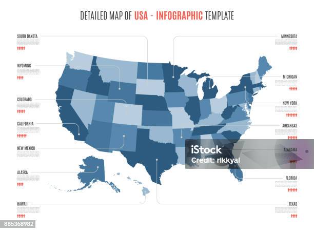 Mappa Dettagliata Degli Stati Uniti Damerica Modello Vettoriale Per Infografiche Tratto Modificabile - Immagini vettoriali stock e altre immagini di Carta geografica