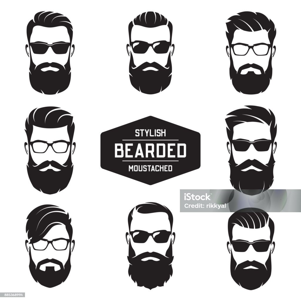 Set of vector various bearded men faces. Set of vector various bearded men faces with different haircuts, mustaches, beards. Silhouettes, avatars, heads, emblems, icons, labels. Beard stock vector