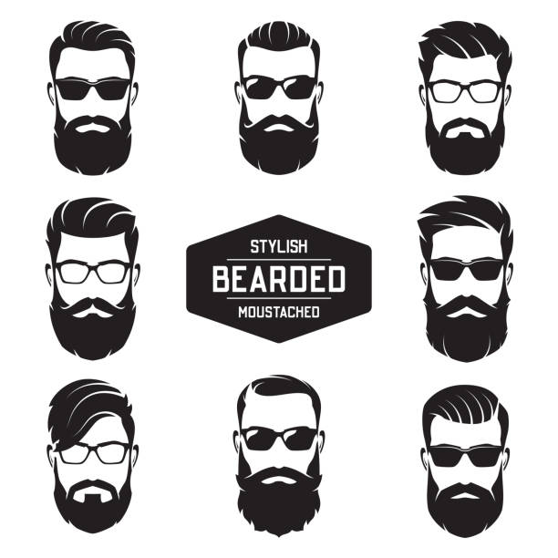 Set of vector various bearded men faces. Set of vector various bearded men faces with different haircuts, mustaches, beards. Silhouettes, avatars, heads, emblems, icons, labels. barber illustrations stock illustrations