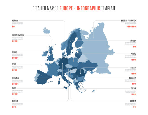 illustrazioni stock, clip art, cartoni animati e icone di tendenza di mappa dettagliata dell'europa. modello vettoriale per infografiche. - europa continente