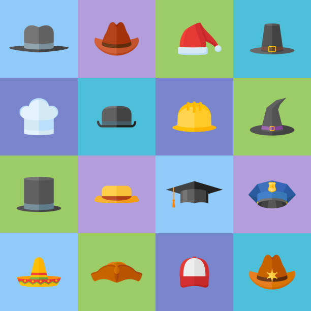 ilustrações, clipart, desenhos animados e ícones de conjunto de ícones de estilo plano chapéus diferentes. - cowboy hat personal accessory equipment headdress