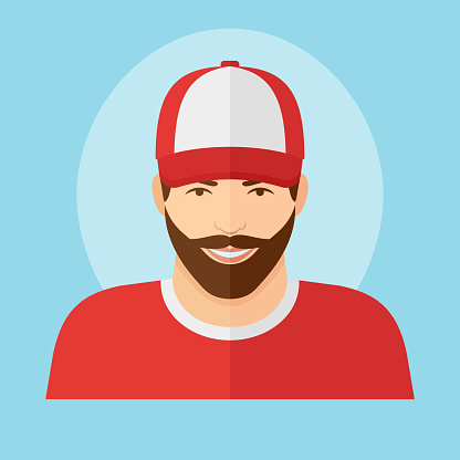 Man with beard in baseball cap flat style icon on blue background. Male character vector illustration.