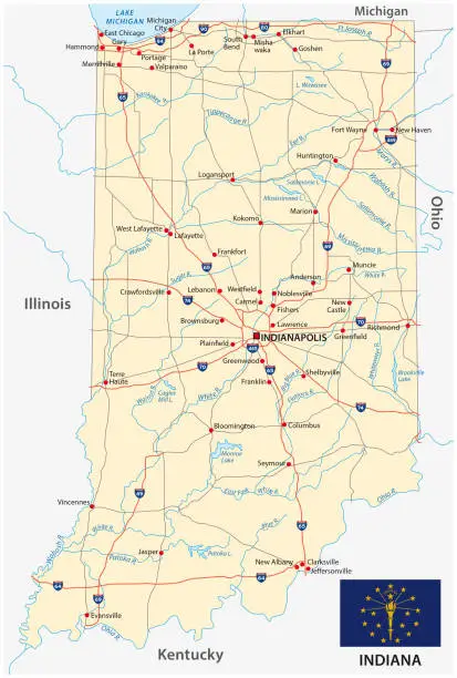 Vector illustration of indiana road map with flag