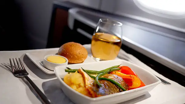 Airline business class meal in cabin