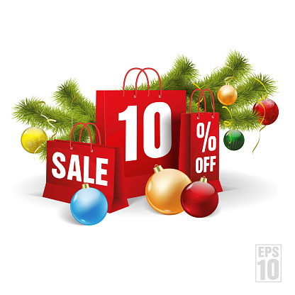 christmas red shopping bag printed with a ten discount. Vector. Isolated