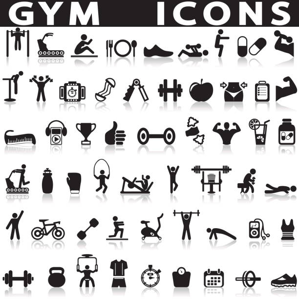 gym icons on a white background gym icons on a white background with a shadow cartoon muscular man lifting heavy weights stock illustrations
