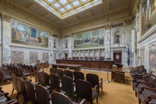 Wisconsin State Supreme Court courtroom Madison, Wisconsin, USA - November 13, 2017: Supreme Court in the Wisconsin State Capitol wisconsin state capitol photos stock pictures, royalty-free photos & images