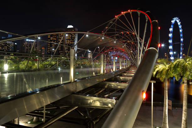 istock The Helix Bridge Lanscape Night Scene opens up red lights in Singapore. 885423772