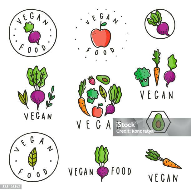 Ilustración de Juego De Insignias De Comida Vegana y más Vectores Libres de Derechos de Vegetal - Vegetal, Logotipo, Fruta