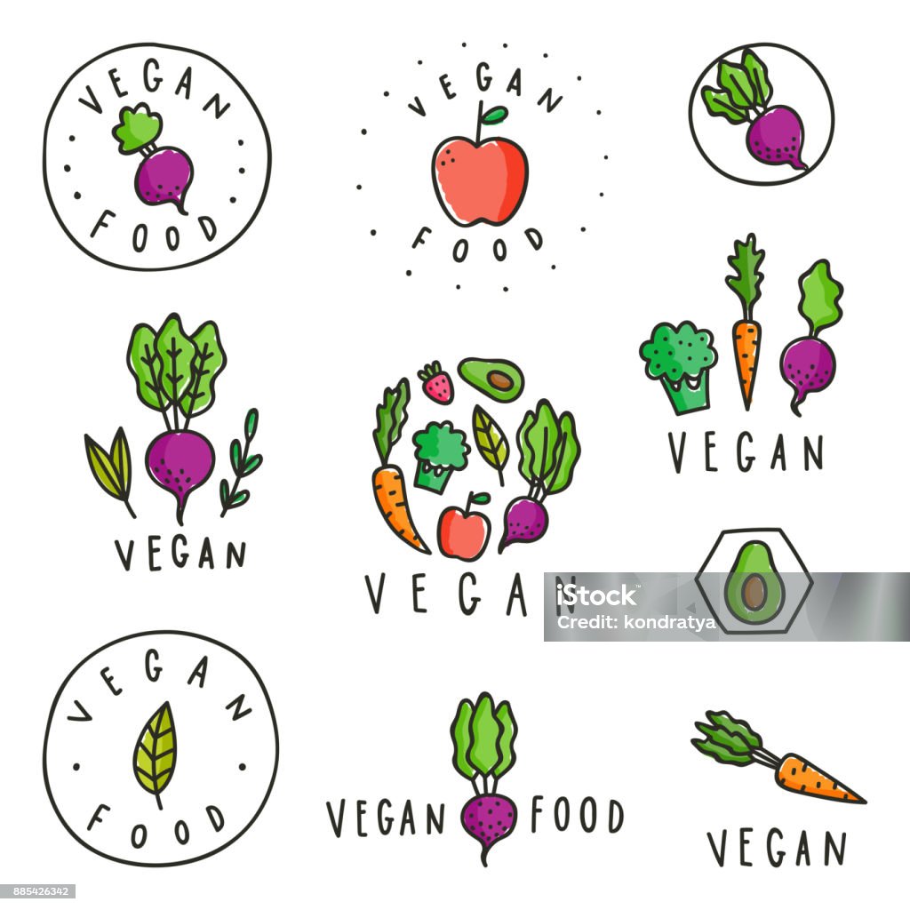 Set of vegan food badges. Set of vegan food badges. Different vegetables. Vector hand drawn signs Vegetable stock vector