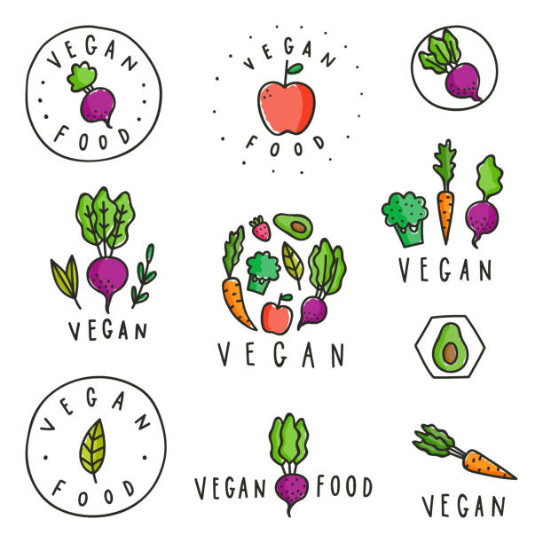 Set of vegan food badges. Set of vegan food badges. Different vegetables. Vector hand drawn signs carrot symbol food broccoli stock illustrations