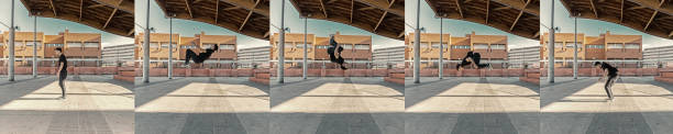 Man practicing parkour in the city Man doing a backflip during parkour practice parkour sequence stock pictures, royalty-free photos & images