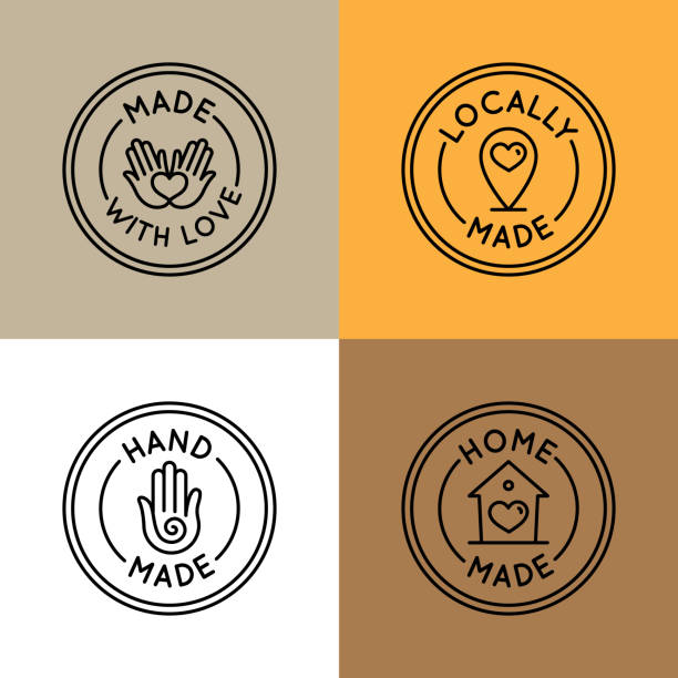 Vector set of emblems, badges and icons for handcrafted goods  crafters and designers selling unique, handmade goods - round tags for packaging and lables Vector set of emblems, badges and icons for handcrafted goods and products for all kind of artisans, artists, crafters and designers selling unique, handmade goods - round tags for packaging and lables homemade stock illustrations