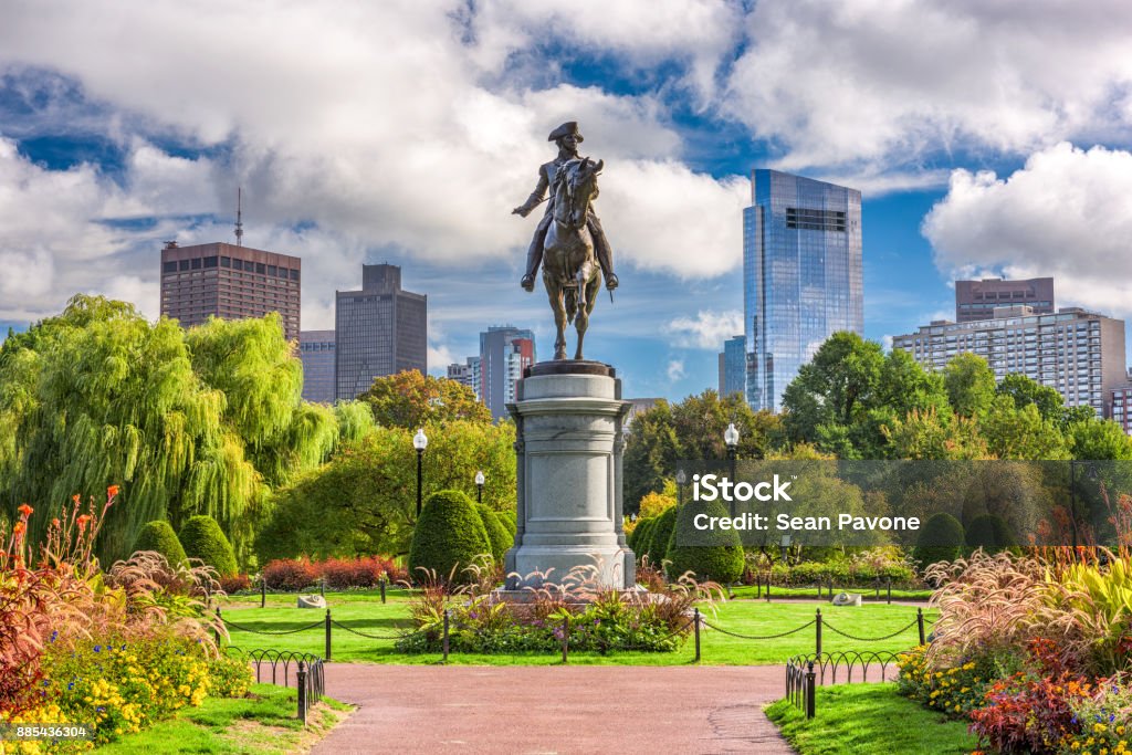 Boston Public Garden George Washington Monument at Public Garden in Boston, Massachusetts. Boston - Massachusetts Stock Photo