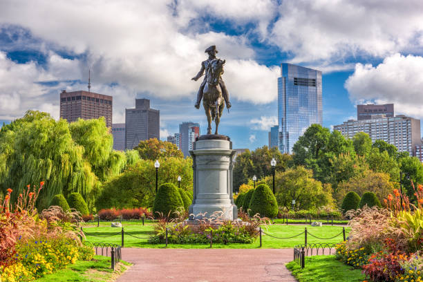 Boston Public Garden George Washington Monument at Public Garden in Boston, Massachusetts. massachusetts stock pictures, royalty-free photos & images