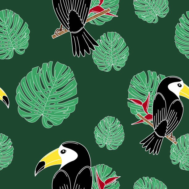 istock Seamless pattern with toucans and leaves of a monstera. 885443510