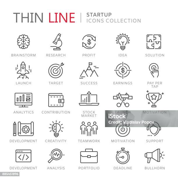 Sammlung Von Icons Startup Dünne Linie Stock Vektor Art und mehr Bilder von Icon - Icon, Aktenmappe, Geschäftsleben