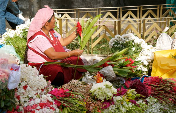 Flower market at Our Lady of Urkupiña in Cochabamba, Bolivia. Many people come to the church, and people like to offer the Our Lady flowers. It's very early when they set the stands out on the street. This woman is preparing the flowers, and they look very fresh.