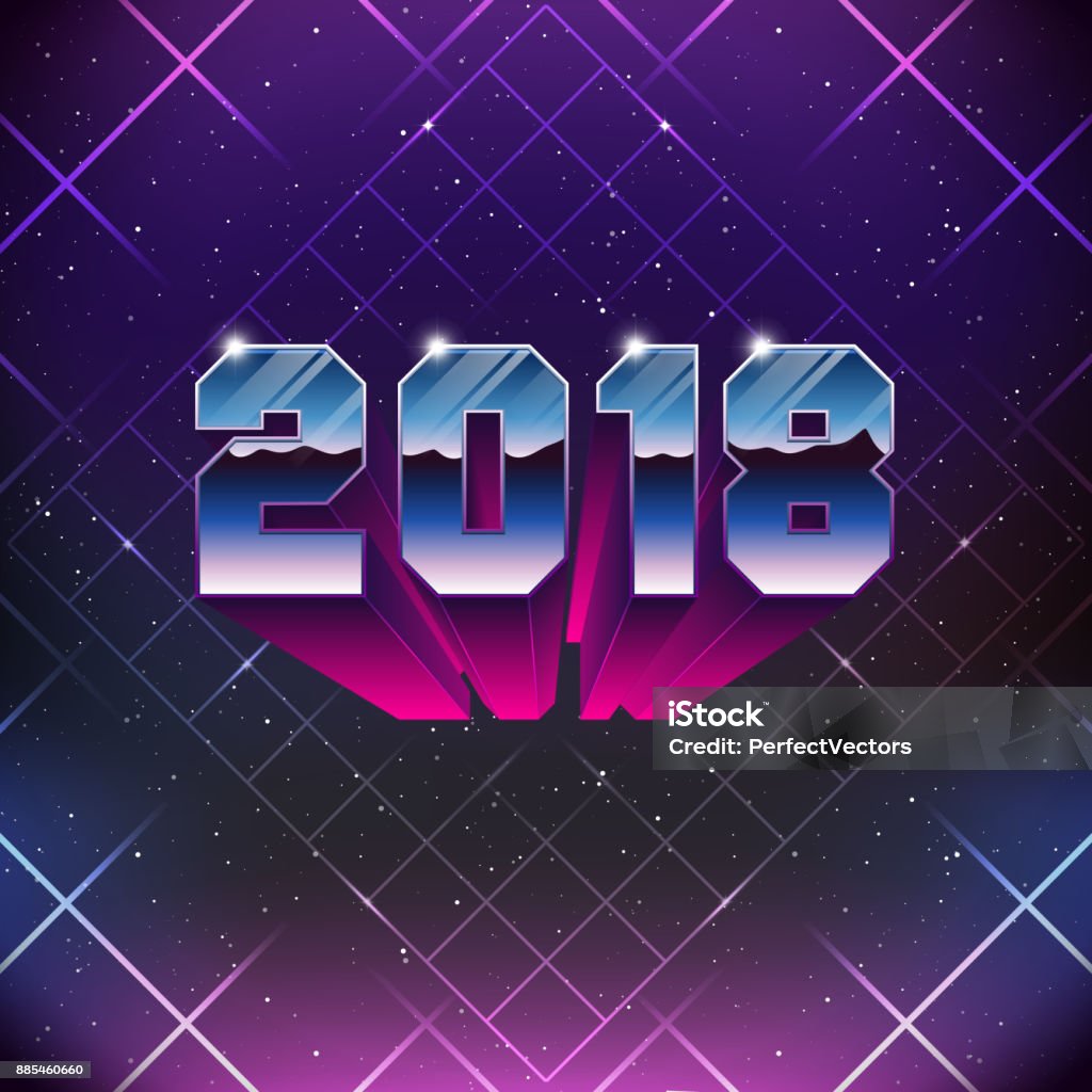 Happy New 2018 Year Greetings Card in 80s Retro Sci-Fi style. Vector futuristic synth retro wave illustration in 1980s posters style. 1990-1999 stock vector