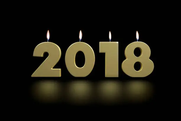 2018 New Year's Golden Lighten Up Candles 3D Render Illustration Isolated on Black Background With Floor Reflexion