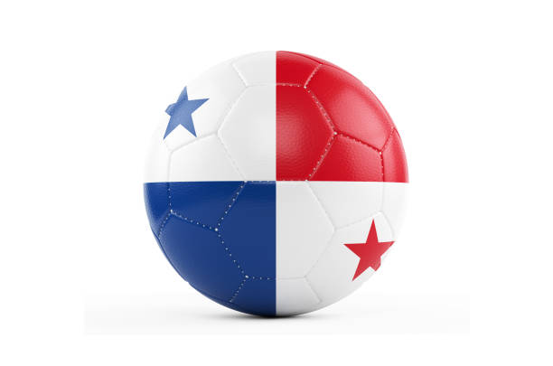 balón de fútbol con textura con bandera panameña. aislado sobre fondo blanco - bola 3d de bandera de panamá fotografías e imágenes de stock