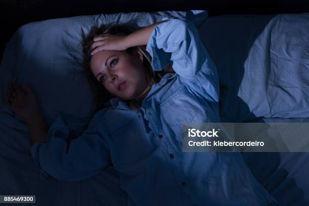 Sleep Disorder Insomnia Young Blonde Woman Lying On The Bed Awake Stock Photo - Download Image Now