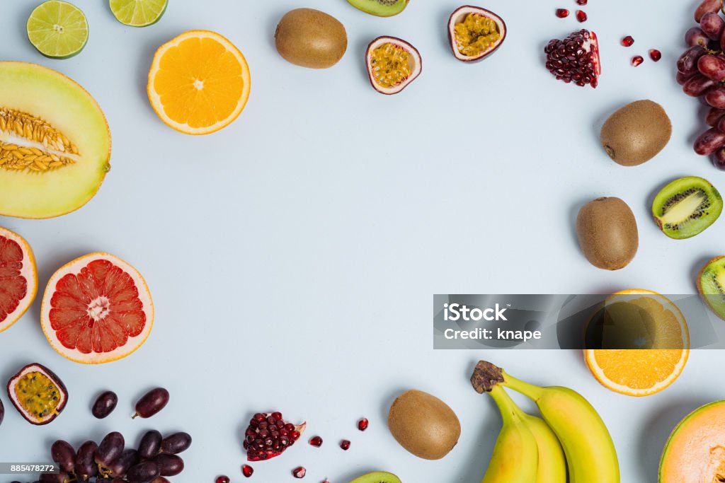 Fruit flat lay from above colorful food background Fruit Stock Photo
