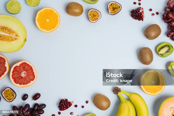 Fruit Flat Lay From Above Colorful Food Background Stock Photo - Download Image Now - Fruit, Backgrounds, Food