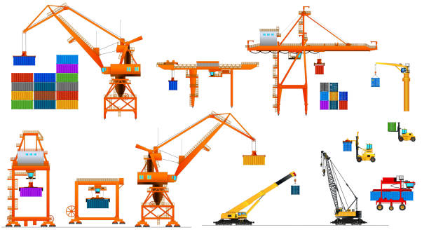 Harbor cargo cranes. Vector set, isolated. Harbor cargo cranes. Set. Shipping port equipment. Containers. Vector illustration, isolated on white. level luffing crane stock illustrations