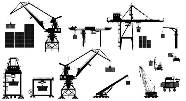 illustrazioni stock, clip art, cartoni animati e icone di tendenza di gru cargo del porto. insieme vettoriale. bianco e nero silhouette - crane