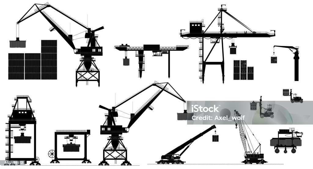 Harbor cargo cranes. Vector set. Black and white silhouette Various types of harbor cargo cranes. Set. Shipping port equipment. Containers. Vector illustration. Black and white silhouettes, isolated Crane - Machinery stock vector