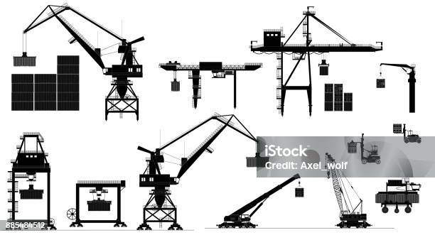 Harbor Cargo Cranes Vector Set Black And White Silhouette Stock Illustration - Download Image Now