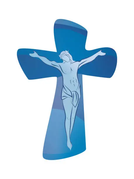 Vector illustration of Christian cross with crucified jesus on blue background. Crucifix. Crucifixion. Religious sign. Multiple.exposure