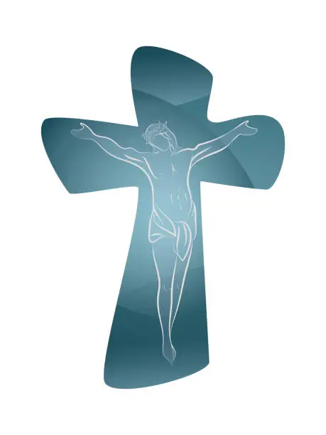 Vector illustration of Christian cross with line art crucified jesus on pastel blue color background. Crucifix. Crucifixion. Religious sign. Multiple exposure