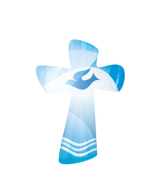 Christian cross baptism with waves of water and dove on blue background. Religious sign. Multiple.exposure baptism concept vector illustration with dove, water and stylized rays christening stock illustrations