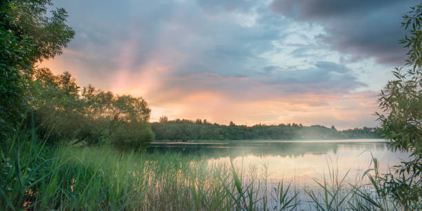 Photo of Beautiful sunset on the lake. The mist over the river.