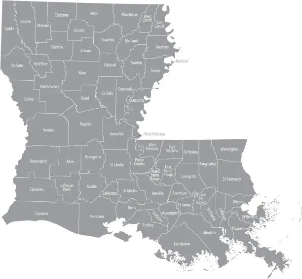 Vector illustration of Louisiana county map printable vector outline illustration in gray background