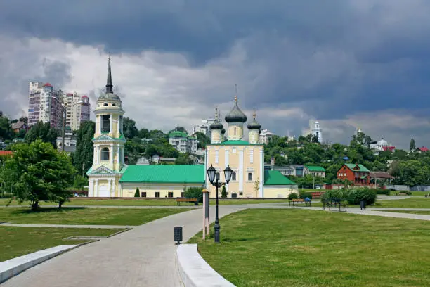 Uspenskiy Cathedral on the Admiralty Square in the city landscape of Voronezh.