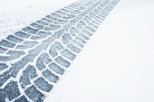 Car track on a wet snowy road, closeup