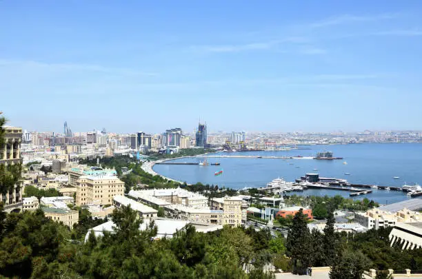 Photo of Baku.Azerbaijan.Panorama.View on the coastal bay of the capital on the Caspian Sea.