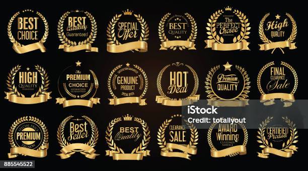 Golden Sale Laurel Wreath With Golden Ribbon Vector Collection Stock Illustration - Download Image Now