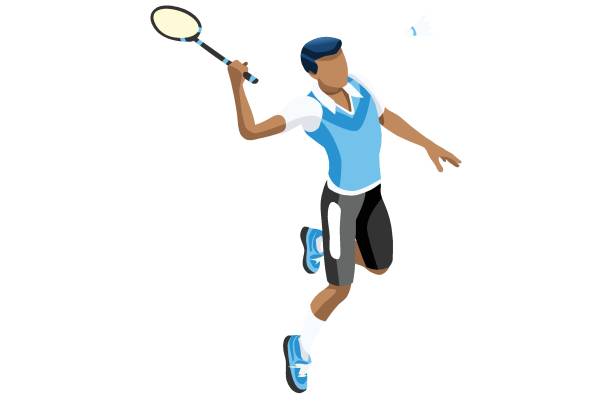 ilustrações de stock, clip art, desenhos animados e ícones de isolated badminton vector boy illustration - tennis court men racket